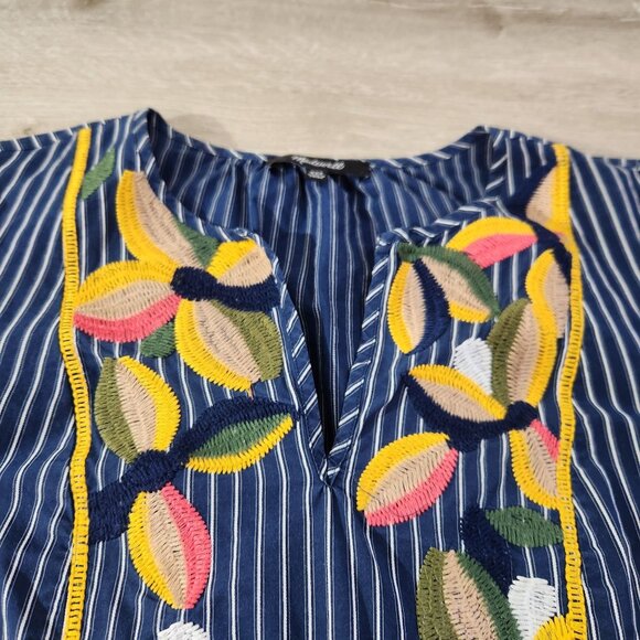 Madewell Navy Embroidered Floral Stripe Short Sleeve Boho Blouse Womens XSS - Picture 7 of 16
